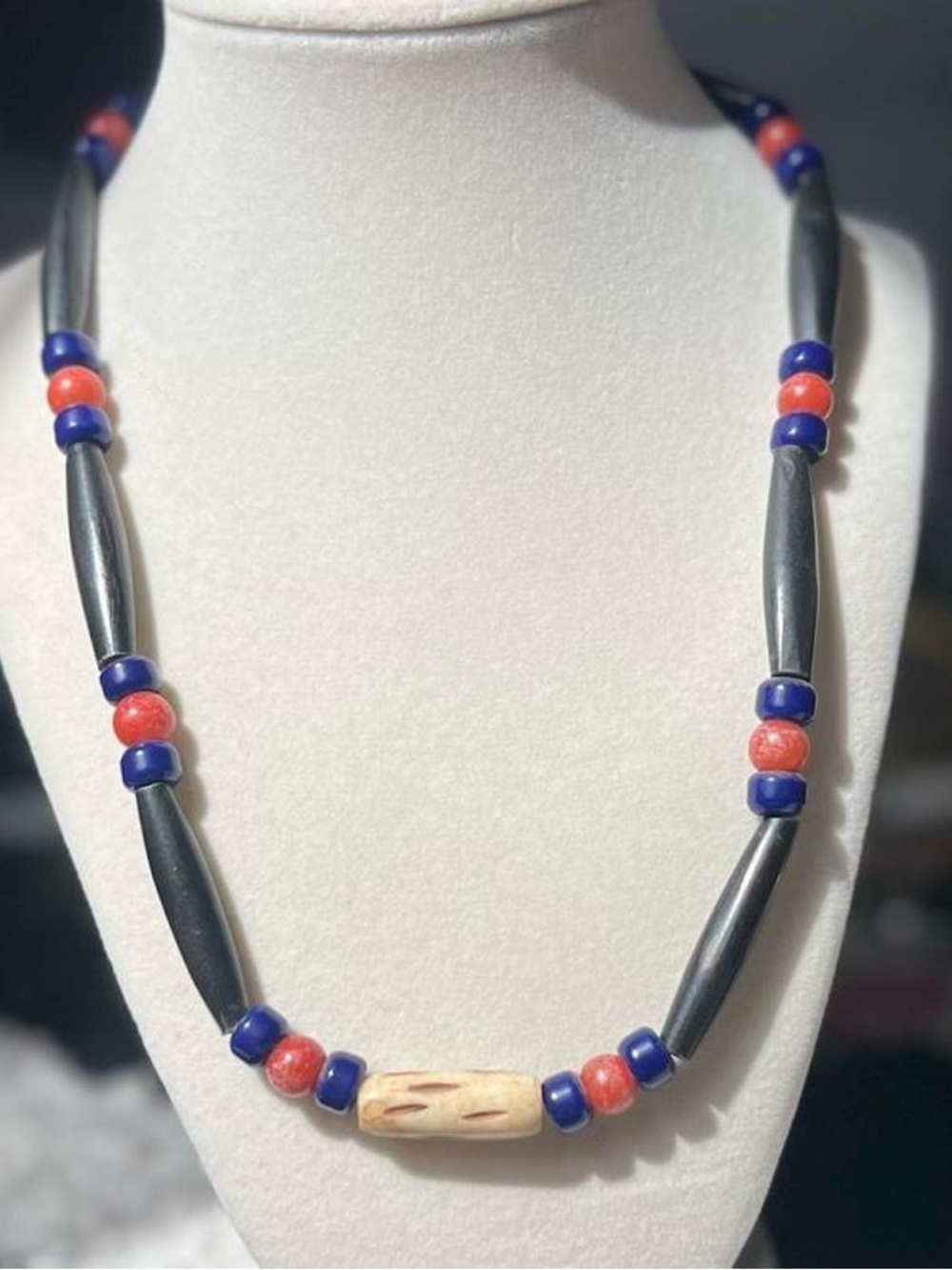 Vintage blue orange red black beaded necklace